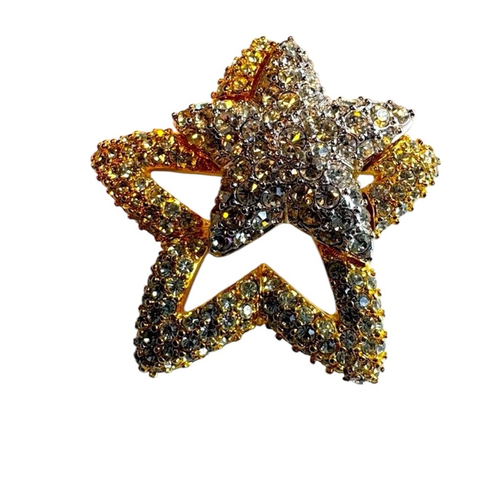 Barbara Mandrell Gold & Silver Double Star Brooch Pin Grannycore Retro Jewelry